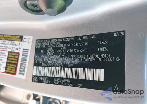 2020 Toyota Highlander Xle z USA, uszkodzony, nr VIN 5TDGZRBH1LS037636